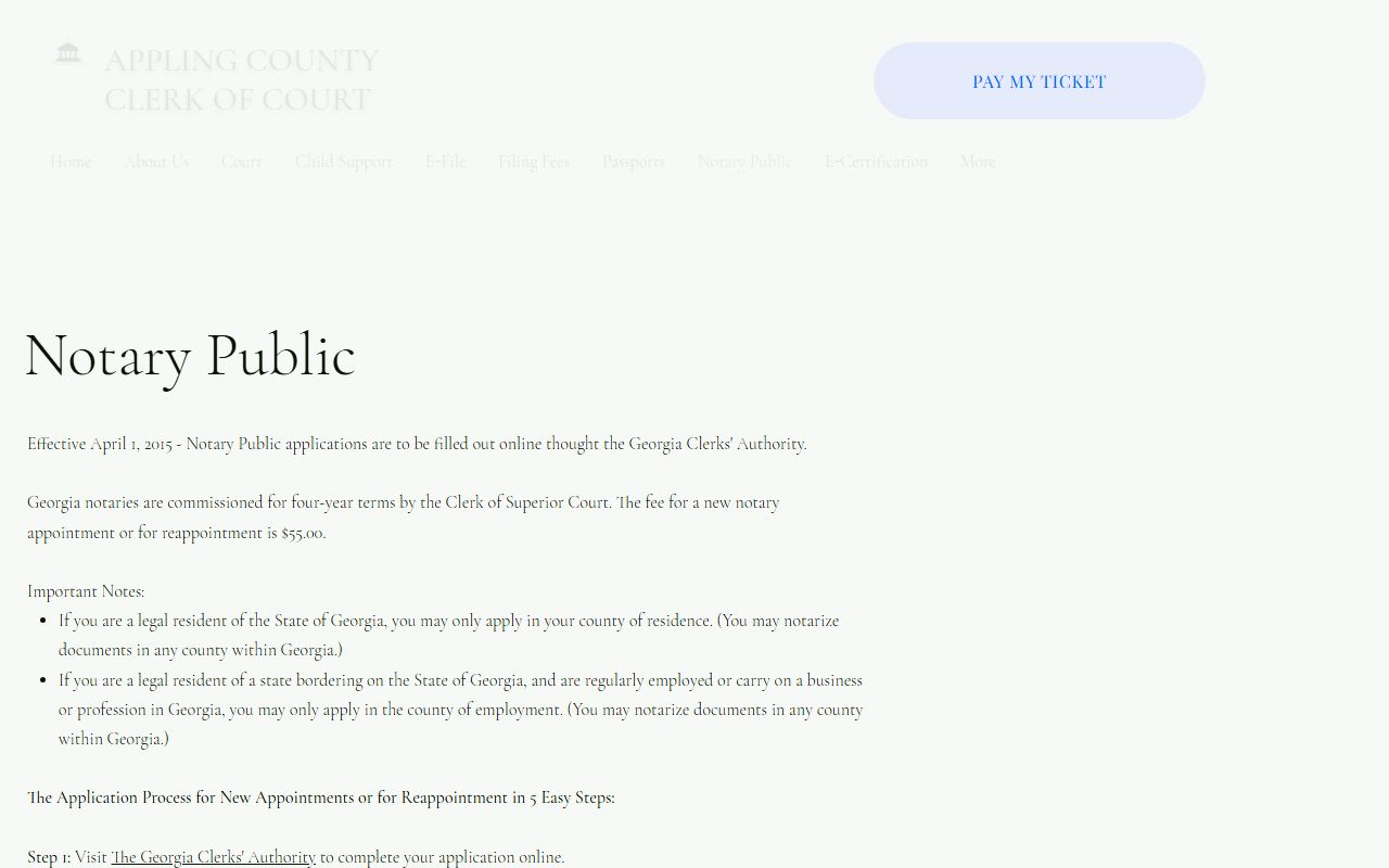 Appling County clerk of court records notary process page