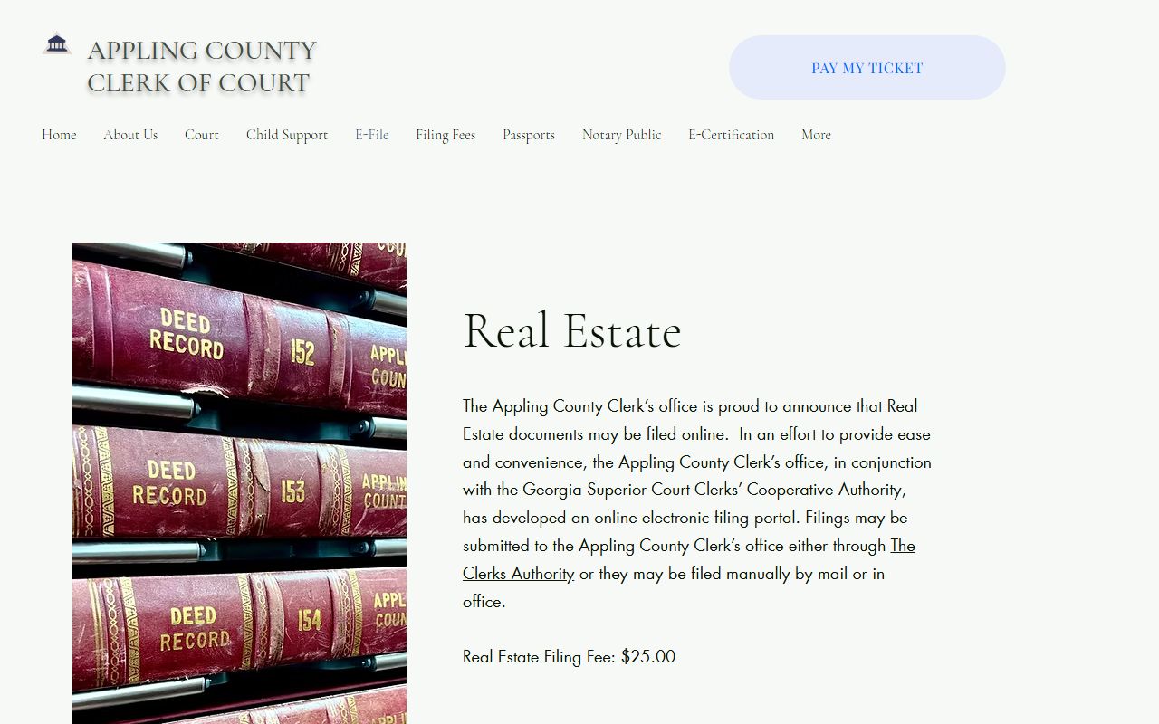 Appling County clerk of court records real estate filing page